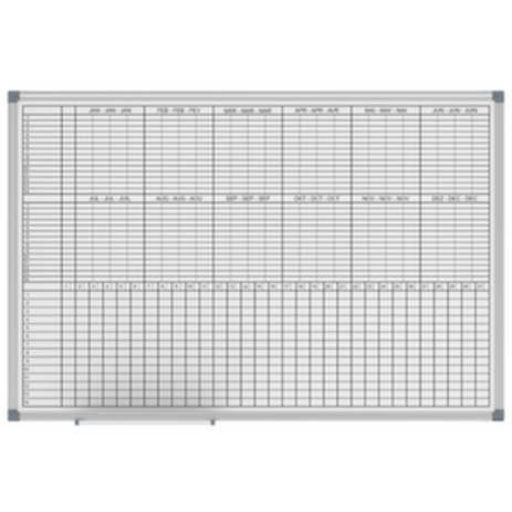 Jahresplaner,HxB 600x900mm,kunststoffbeschichtet,magnethaftend,Tafel weiß,m. Raster,m. Zubehör-Set,Rahmen Alu silber