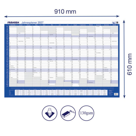 Jahreskalender 2027 Vertikal | 910 x 610 mm | weiß/blau/grau