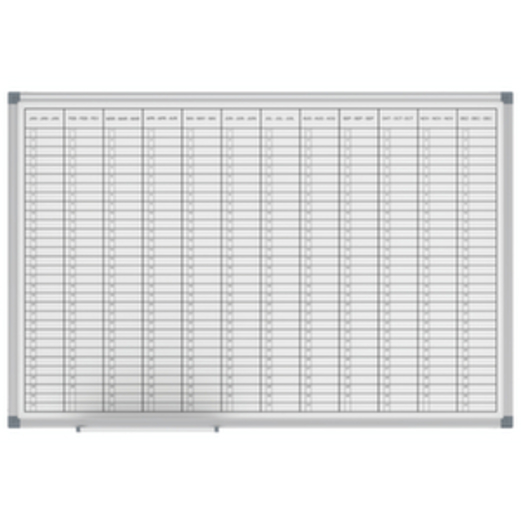 Jahresplaner,HxB 600x900mm,kunststoffbeschichtet,magnethaftend,Tafel weiß,m. Raster,m. Zubehör-Set,Rahmen Alu silber