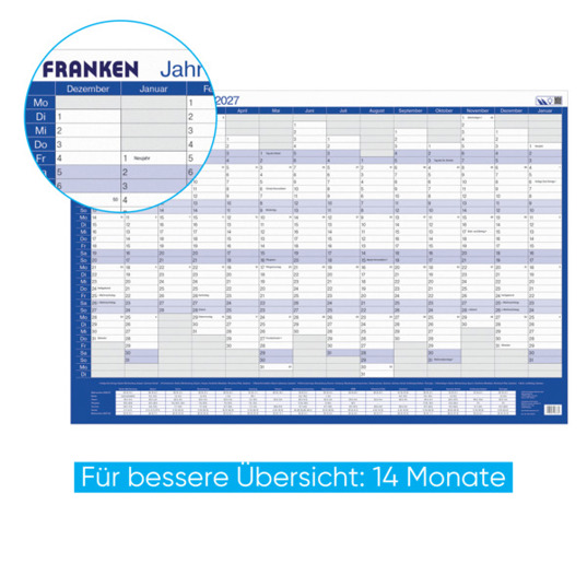Jahreskalender 2027 Vertikal | 910 x 610 mm | weiß/blau/grau