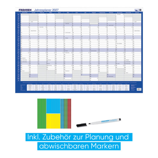 Jahreskalender 2027 Vertikal | 910 x 610 mm | weiß/blau/grau
