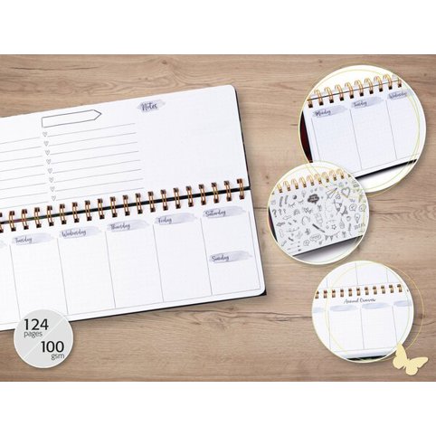 SIGEL JP100 Wochenplaner Jolie undatiert | Flower Love | 1/2 DIN A4 quer | schwarz | grün | rosa | Hardcover | 53 Wochen | 2 Seiten = unten Woche / oben Planungsseite | 124 S. | FSCzertif...