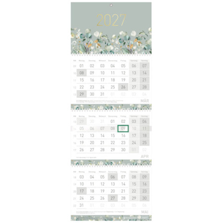 3-Monatskalender Minty Leaves 2027 | 30 x 79,5 cm | 14 Monate | Datumsschieber