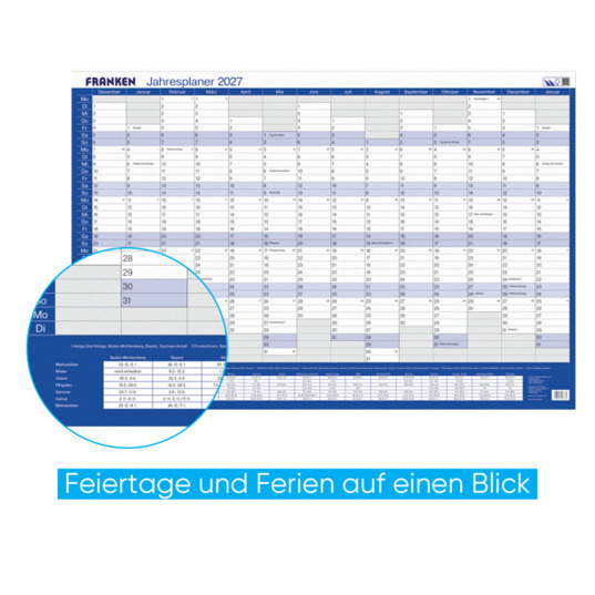 Jahreskalender 2027 Vertikal | 910 x 610 mm | weiß/blau/grau