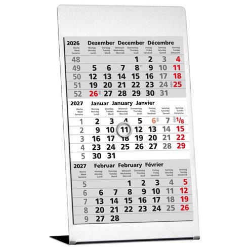 3-Monats-Tischkalender | 3 Monate/1 Seite | 10,5 x 23 cm (inkl. Fuß) | Edelstahl