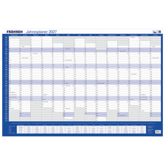 Jahreskalender 2027 Vertikal | 910 x 610 mm | weiß/blau/grau